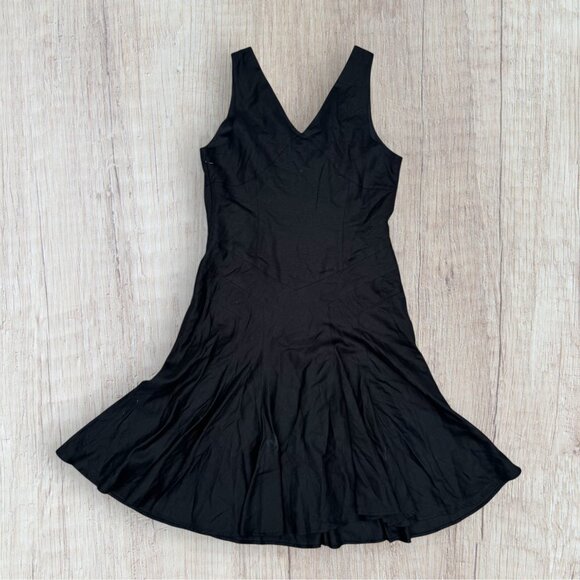 LENNIE by NINA LEONARD V-Neck Fitted Trumpet Flared Black Linen Dress 12 - Picture 4 of 8